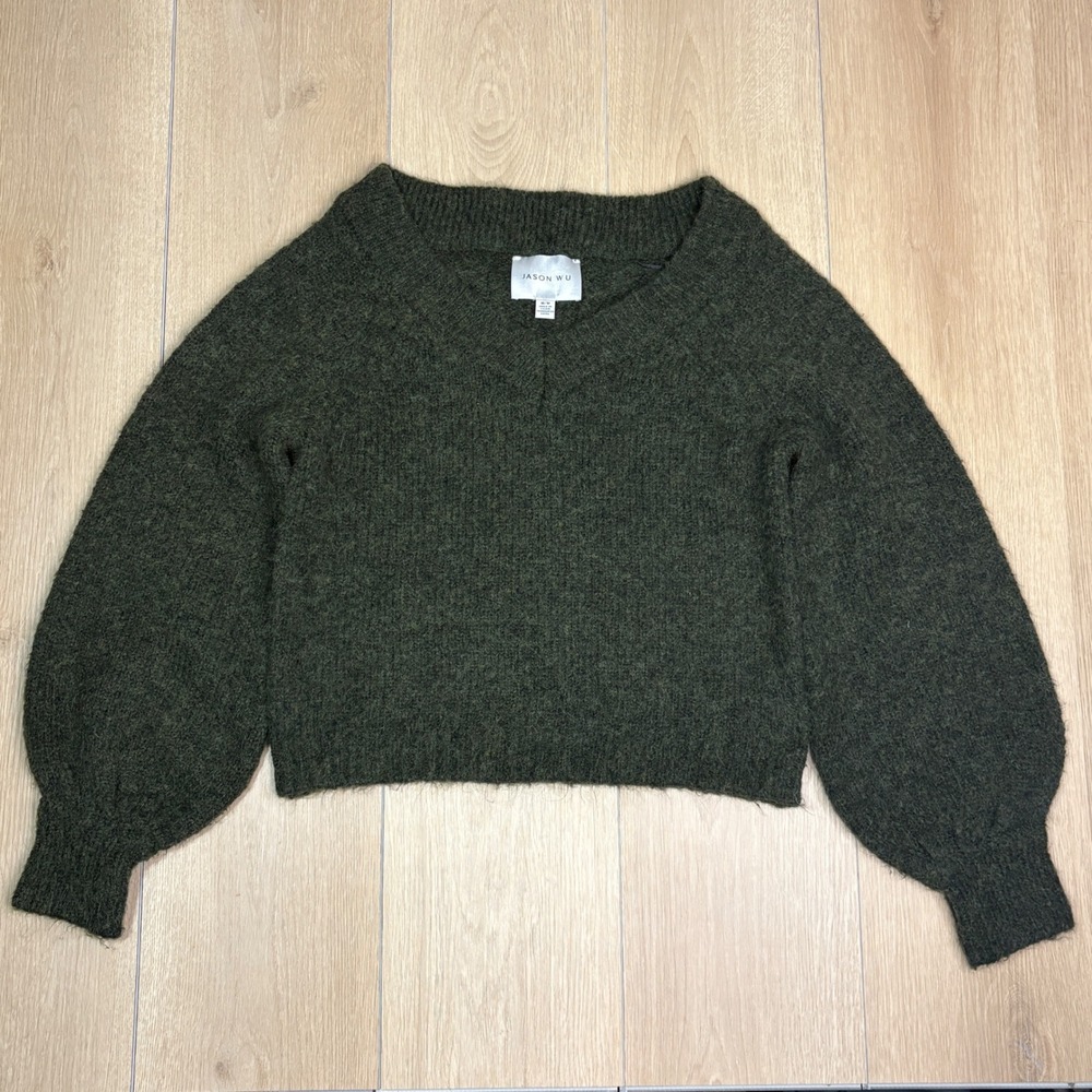 Jason Wu Womens Olive Green Balloon Sleeve V-Neck Knit Crop‎ Sweater Size M